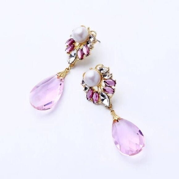 Pink Crystal Pearl Rhinestone Floral Vintage Gold Dangle Statement Earrings - Picture 1 of 4